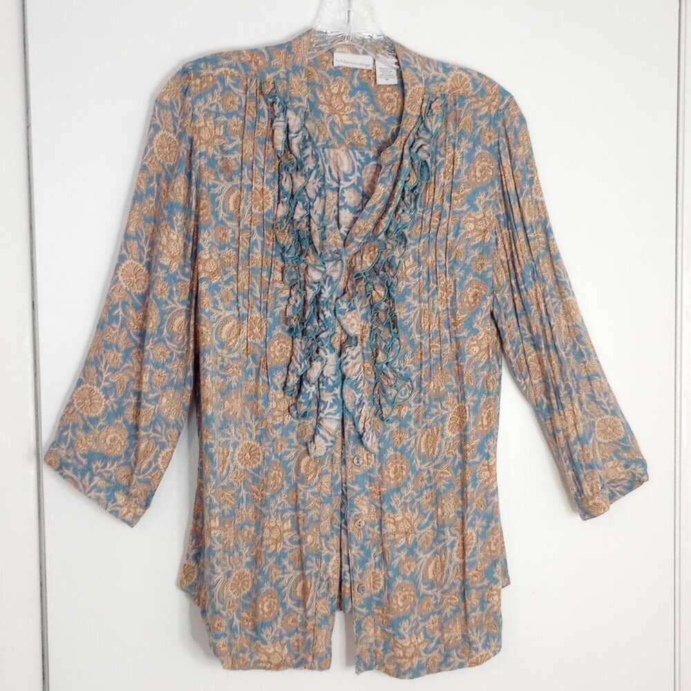 Soft Surroundings Blue & Tan Floral Botanical Print Ruffle Top